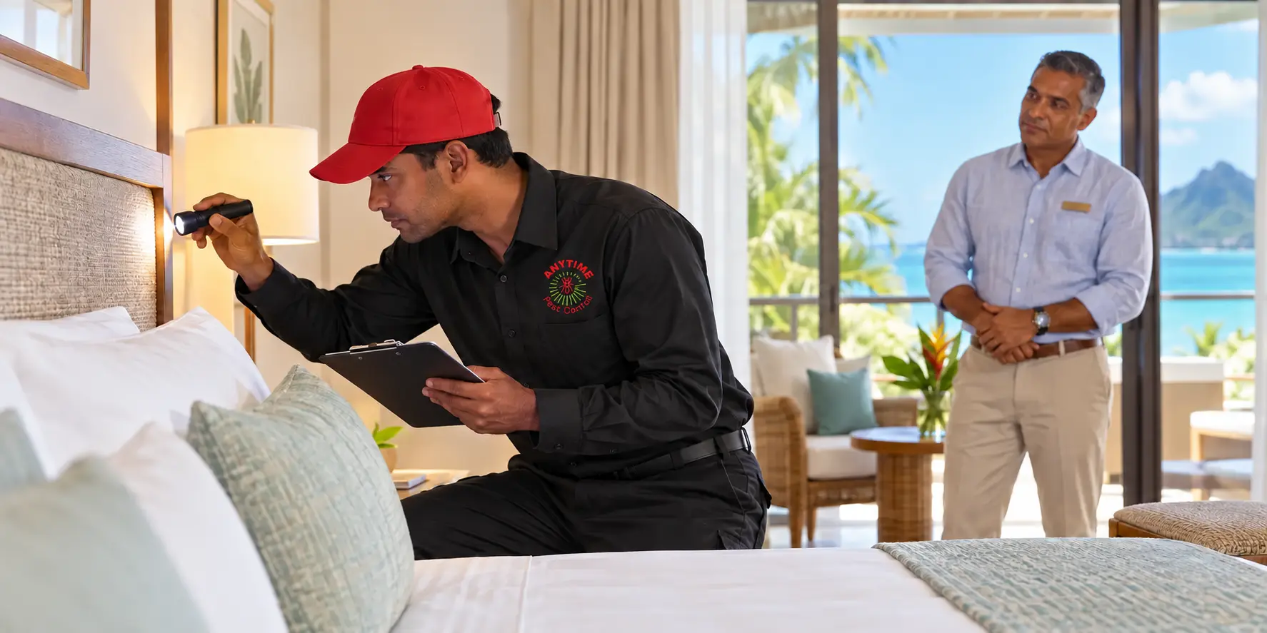 Branded Anytime Pest Control technician inspecting a hotel guest room in Mauritius